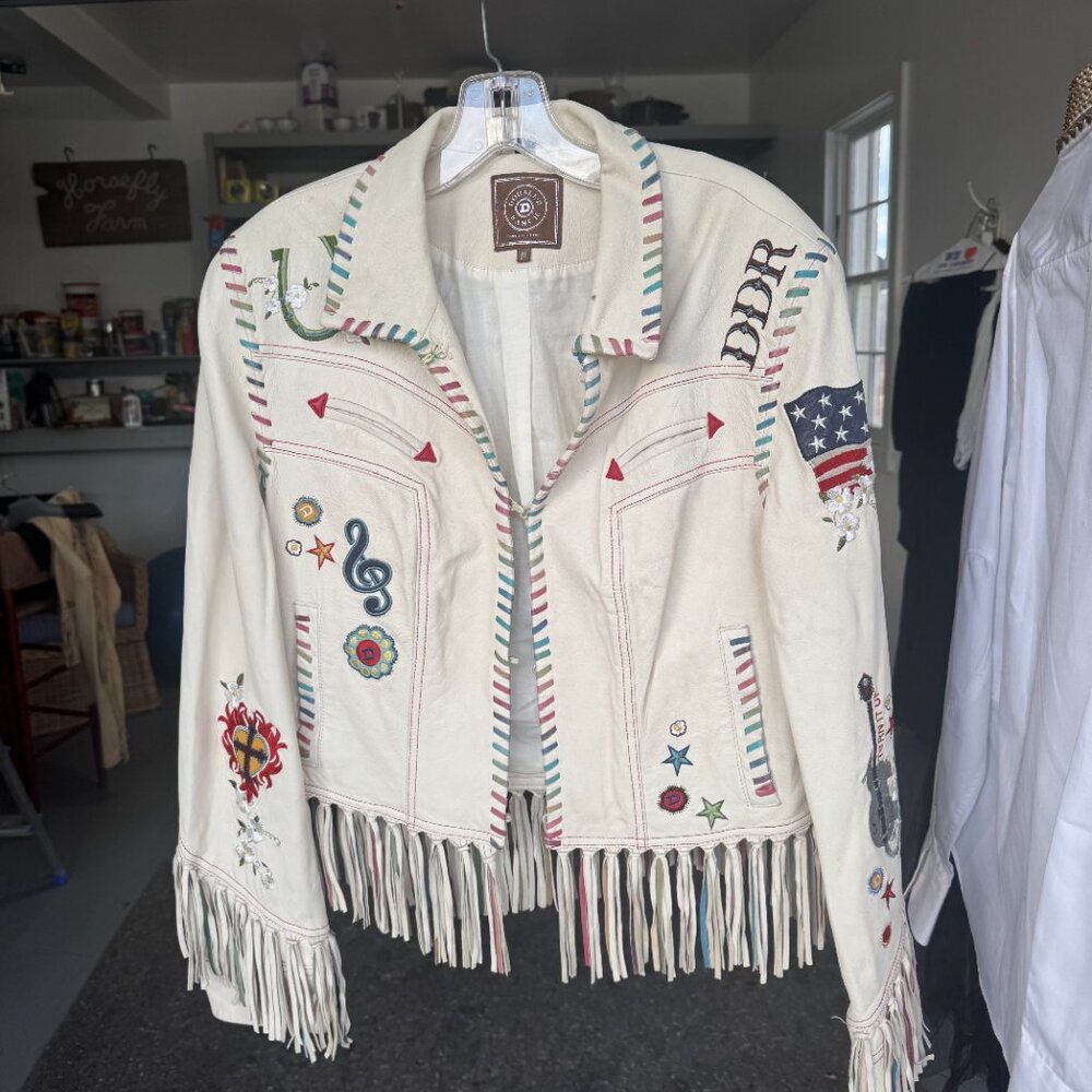 Tassled white Double D ranch leather jacket